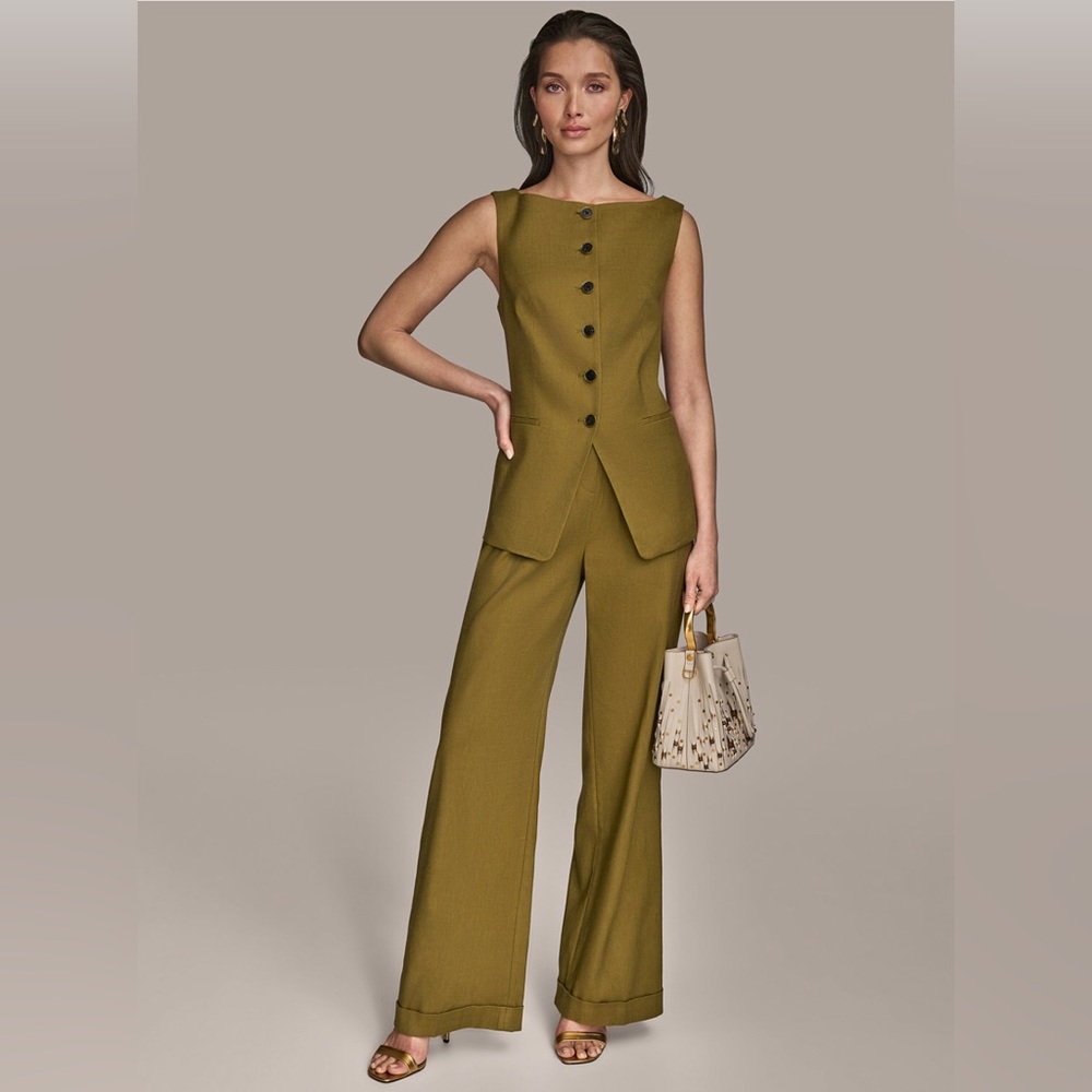 Donna Karan Women Linen Blend Vest Color Smoky Olive Medium Boat Neck Button NWT - Picture 5 of 14